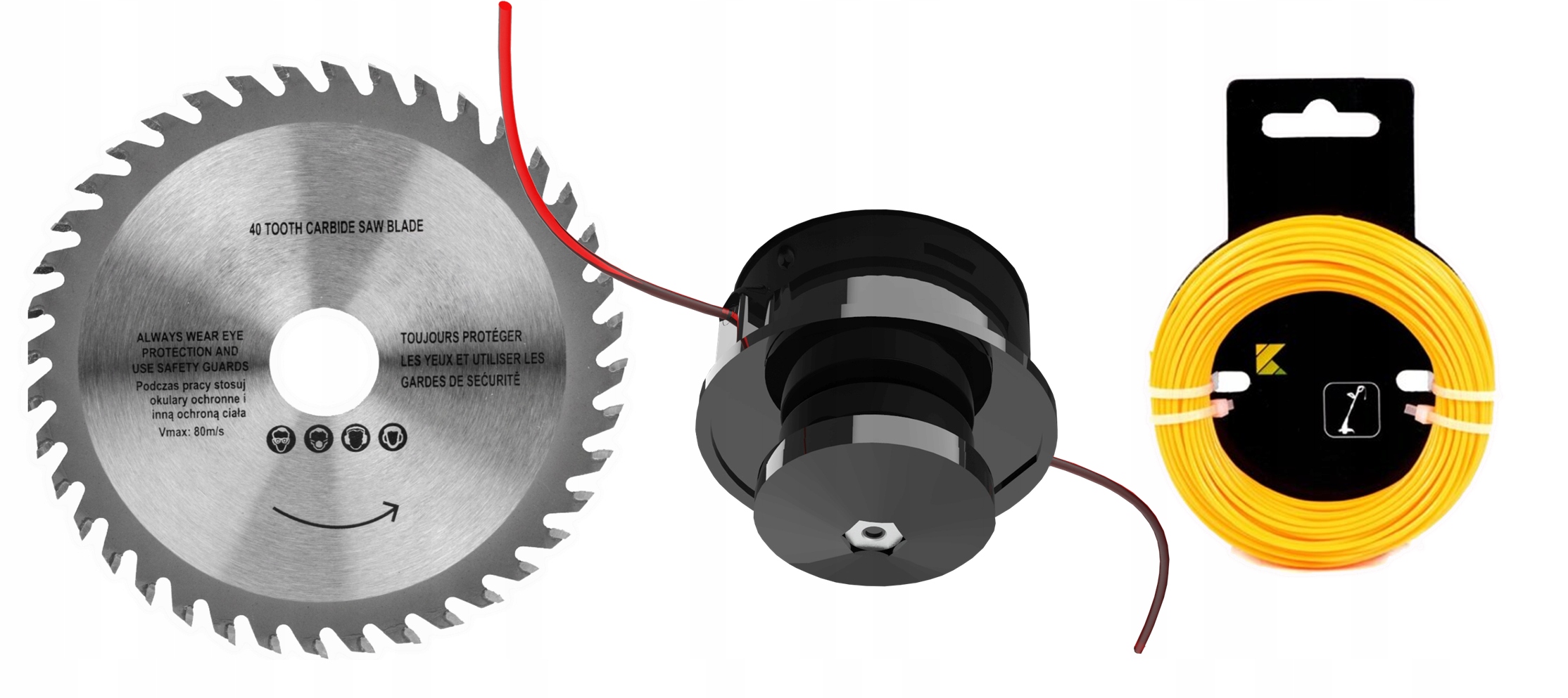 Piła tarczowa z 40 zębami z węglików spiekanych, głowicę tnącą do podkaszarki z nawiniętą żyłką, rolka żółtej żyłki do podkaszarki.